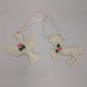 Lot Of 2 Porcelain Christmas Ornaments Dove & Carousel Horse W/ Pink Rose Ribbon